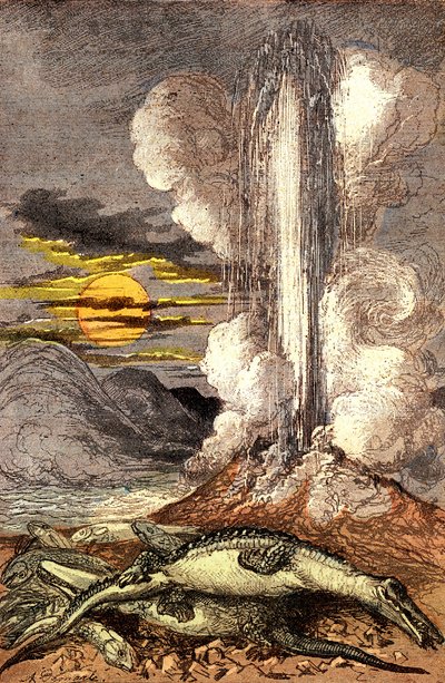 Venomous eruptions of thermal waters in the Triassic period. Creation and Living Beings. Drawing by A. Demarle. 1885 by Alphonse Demarle