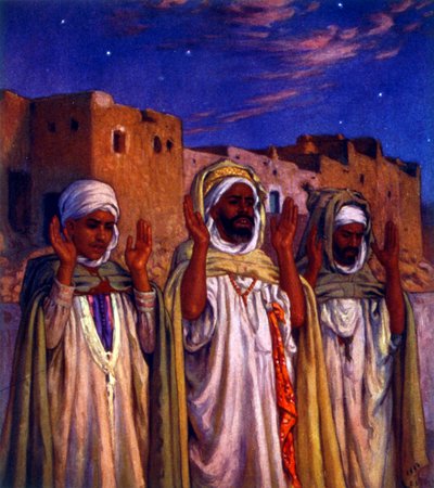Illustration depicting Moslem Arab pilgrims en-route to Mecca by Alphonse Etienne Dinet