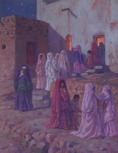 Muslims leaving the village mosque on the Eve of Mouled (illustration from a history of the life of the Prophet Mohammed) by Alphonse Etienne Dinet