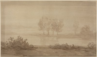 Landscape - Four Trees beyond a River by Alphonse Legros