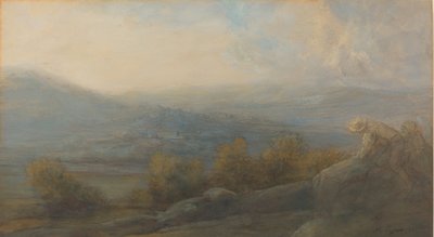 Mountain Landscape with Two Figures at the Right by Alphonse Legros