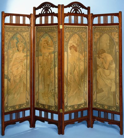 An Art Nouveau screen, the panels decorated with the series 