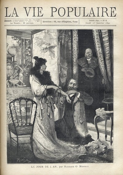 An old man surprises a gallant scene: a man kneeling in front of an elegant woman attaches a bracelet to her wrist. Illustration by Alfons Maria Mucha by Alphonse Mucha