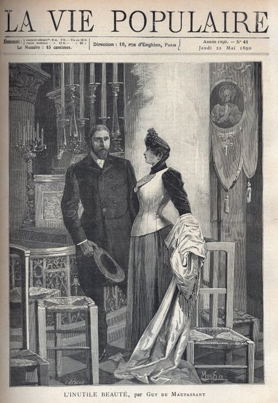 In a church, a beautiful and elegant couple stand up among candles and pray to God. Illustration by Alfons Maria Mucha by Alphonse Mucha