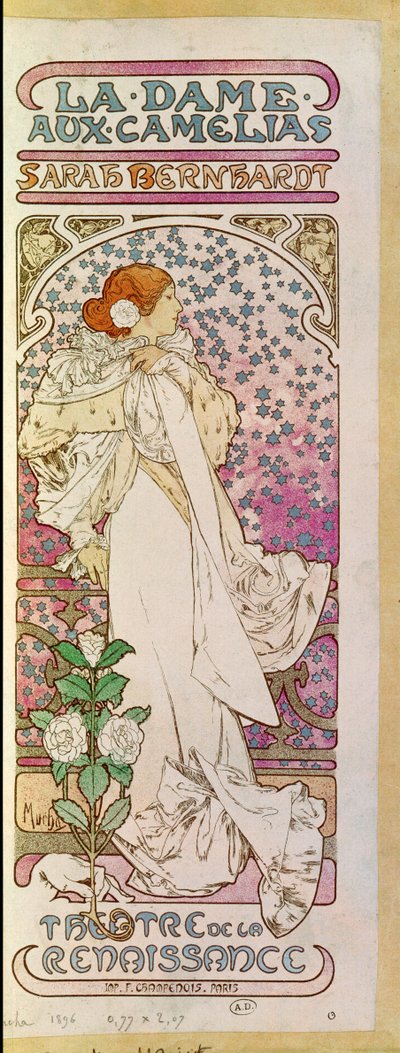 La Dame aux Camelias with Actress Sarah Bernhardt, Theatre de la Renaissance, Paris 1894 by Alphonse Marie Mucha