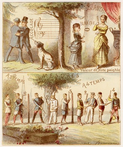 Accolade, Value of Dotted Note, Measures in Two and Four Time - Engraving from the Musical Alphabet of Mlle Lili, by Angelino Trojelli. Library & Education and Recreation Store J. Hetzel & Co, Paris by Alphonse Victor Baumann