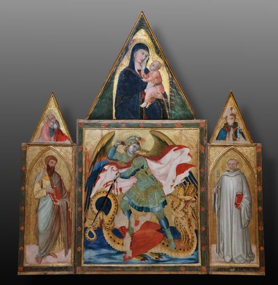 Saint Michael the Archangel slaying the dragon between Saints Benedict and Bartholomew by Ambrogio Lorenzetti