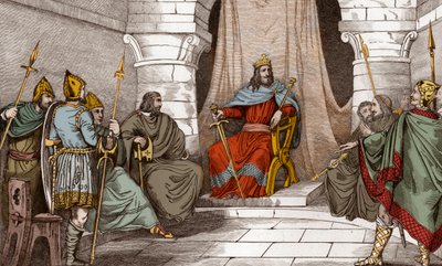 King Charibert (521-567) in Council with Magistrates - Caribert or Cherebert, king of Paris (561-567) holding councils, or he rendered justice - Engraving of 1825 in Histoire de France represented by synoptic paintings dediee to the children of France by Ambroise Tardieu