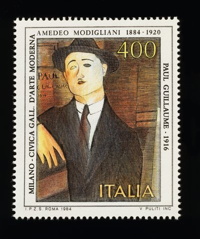 Postage Stamp from Italian Arts Series Honoring Amedeo Modigliani, Depicting Portrait of Paul Guillaume (1916), 400-lire Stamp by Amadeo (after) Modigliani