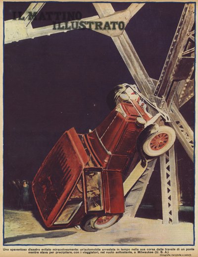 A miraculous escape: a car overturning and stopping just in time to avoid plunging off a bridge in Milwaukee, Wisconsin, USA by American Photographer (after)