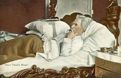 Mark Twain, lying in bed, smoking a cigar by American Photographer