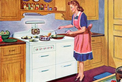 1940s Homemaker Cooking Dinner in Her Dream Kitchen by American School