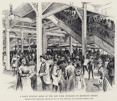 A Daily Evening Scene at the New York Entrance to Brooklyn Bridge by American School