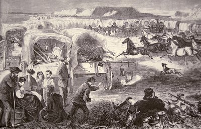 A Wagon Train Formed into a Corral on the Oregon Trail by American School
