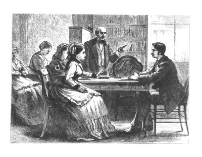 A Woman Negotiates with a Factory Manager, Assisted by an Advisor from Susan B. Anthony
