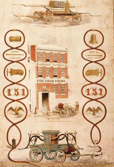 Advertisement for Abraham Vanness, fire engine builder and maker of fire fighting equipment by American School