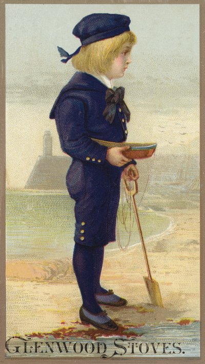 Boy Standing on Seashore with Boat in Hands by American School