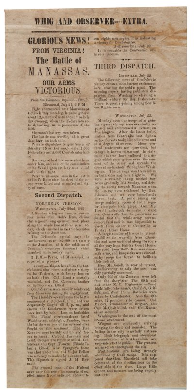 Broadside Announcing the First Battle of Manassas, Whig and Observer Extra, After 22 July 1861 by American School