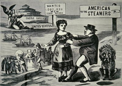 Cartoon showing John Bull trying to stop the increasing flow of workers to the US, c.1850 by American School