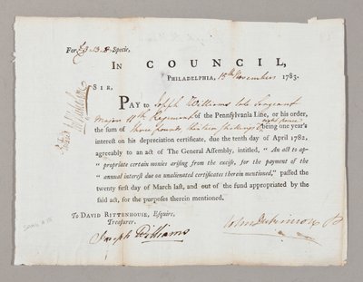 Cheque for Three Pounds and Thirteen Shillings to Joseph Williams, 13th November 1783 by American School