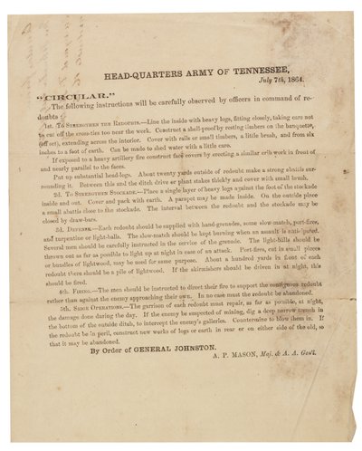 Circular Pertaining to Construction and Fortification of Redoubts Used by the Army of Tennessee, 7 July 1864 by American School