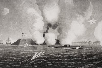 Combat Between the Confederate CSS Virginia and the Union USS Monitor on March 9th 1862 at Hampton Roads, Virginia (detail) by American School