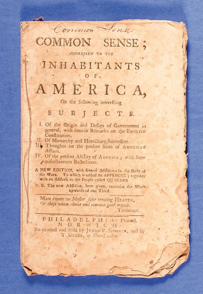 Common Sense: Addressed to the Inhabitants of America, new edition by Thomas Paine printed in Philadelphia by American School