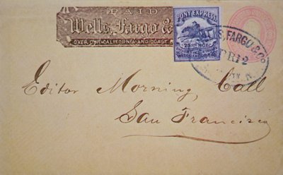 Envelope with Wells Fargo Pony Express stamp attached by American School