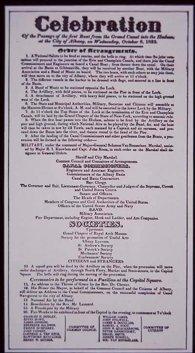 Erie Canal: Key Part of the New York State Canal System; Broadside of 8th October 1823 Celebrating Its Opening (Completed in 1825) by American School