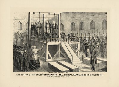 Execution of the Four Conspirators: Mrs Surratt, Payne, Harold & Atzerodt at Washington DC, July 7, 1865, pub. 1865 by American School