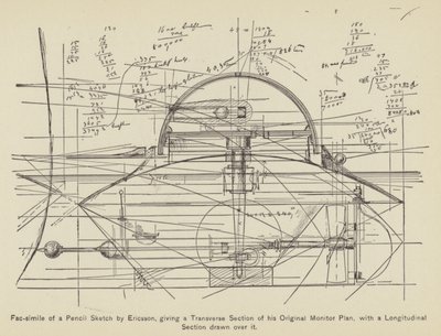 Fac-simile of a Pencil Sketch by Ericsson, giving a Transverse Section of his Original Monitor (engraving) by American School