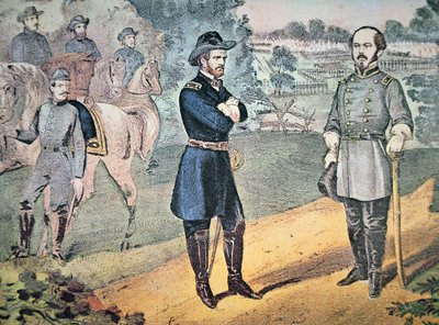 Generals Sherman and Johnson meet to arrange the surrender of Confederate forces in North Carolina in 1865 by American School