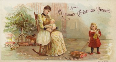Girl Using Carpet Sweeper While Mother Cradles Baby by American School