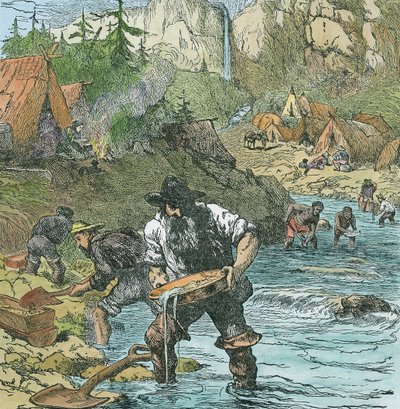 Gold Washing in California, from a book published in 1896 (hand coloured engraving) by American School