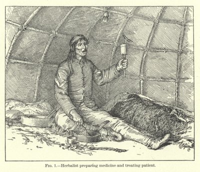 Herbalist Preparing Medicine and Treating Patient by American School