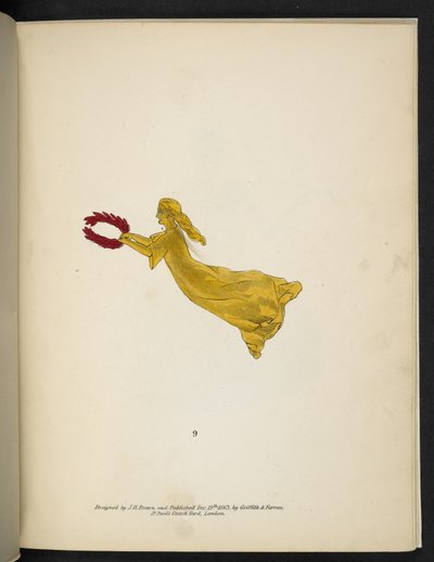 Plate 9. Yellow figure holding a red wreath. Spectropia; or, Surprising spectral illusions showing ghosts everywhere, and of any colour, etc. ser. 1. J.H. Brown 1864 by American School