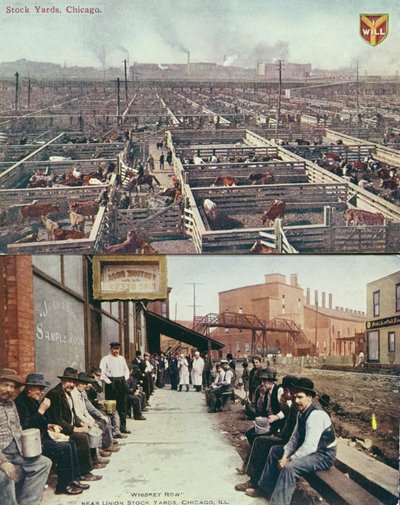 Postcard Depicting the Stock Yards & Abattoirs of Chicago and Workers with Lunch Pails on Their Break in Whiskey Row, c.1910 by American School