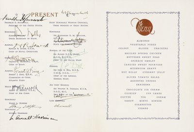 Printed Menu Signed by Winston Churchill and Franklin D. Roosevelt, U.S Flagship Augusta, Ship