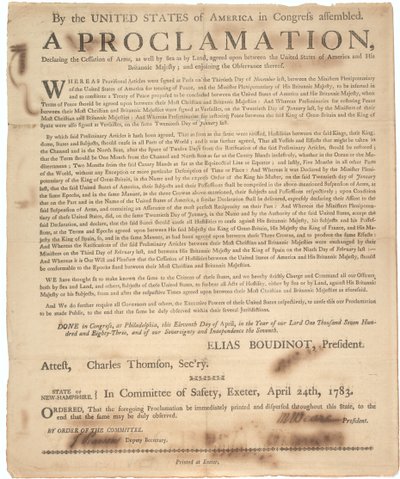 Proclamation of Congress Declaring Cessation of Arms and End of War, 24th April 1783 by American School
