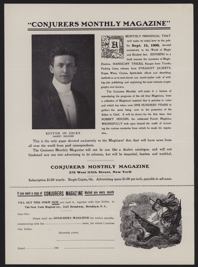 Subscription form for Conjurers Monthly Magazine, Editor In Chief Harry Houdini by American School