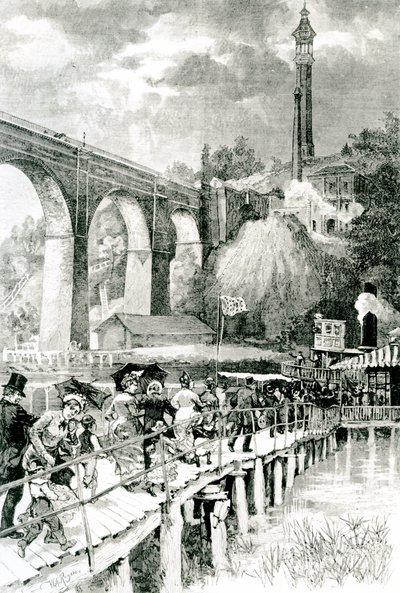 Tourists Returning to Their Steamer on the Harlem River, with High Bridge on the Left, engraved by W.A Rogers for Harpers Weekly, 24th July 1880 by American School