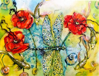 Dragonfly Poppies Pond by Anda Bieza
