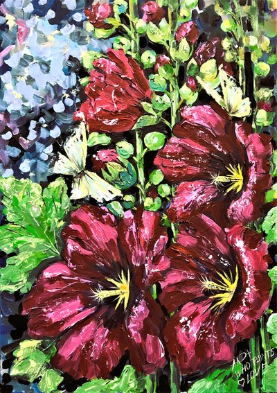 Red Hollyhock Butterflies by Anda Bieza