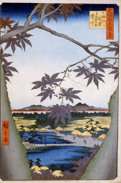 Maples to Mama with Tekona Temple and Tsugi Bridge. Prints by Katsushika (Utagawa) Hiroshige by Ando or Utagawa Hiroshige