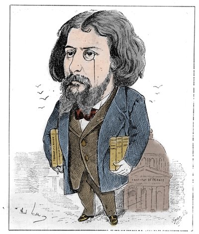 Cartoon by Alphonse Daudet (1840-1897), a French writer, represented with his books and his monocle before the Institut de France in Paris. Drawing by Andre Gill. Engraving in 