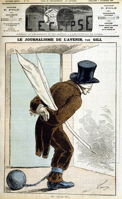 Man with Eyes Strips with Feather, Hands Tied and a Ball at the Foot: Journalism of the Future - by Gill, in L