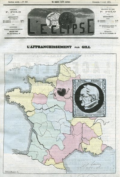 Postage, map of France in four zones and its stamp with the profile of President Adolphe Thiers. Cover in L