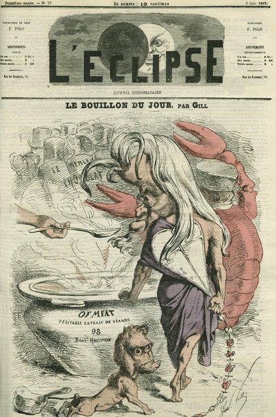 The broth of the day, illustration for of-meat, meat extract by Andre Gill