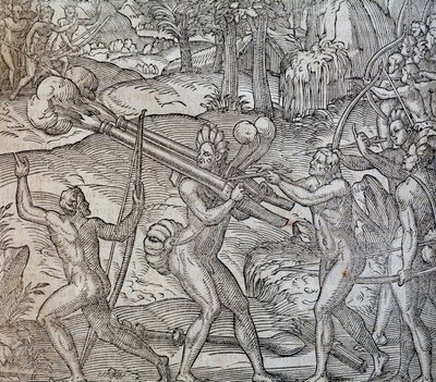 Battle between natives in Canada, engraving from Cosmographie Universelle by Andre Thevet
