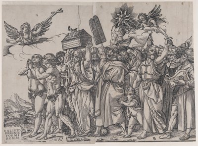 Section A: An Angel Holding a Cross at Upper Left, Adam and Eve Below, from The Triumph of... by Andrea Andreani